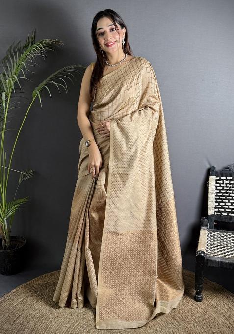 Ivory Checked Silk Saree Set