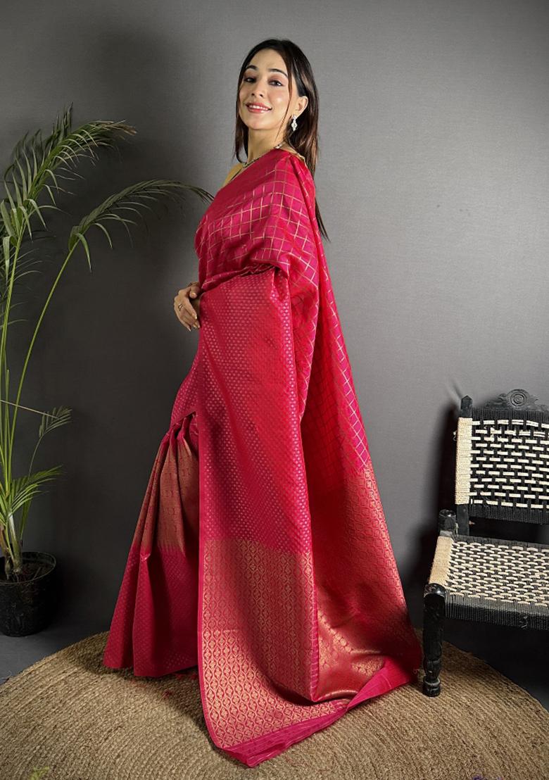 Hot Pink Checked Silk Saree Set - Indya