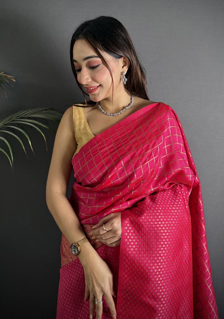 Hot Pink Checked Silk Saree Set - Indya