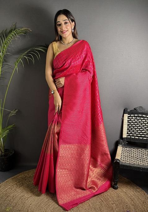 Hot Pink Checked Silk Saree Set