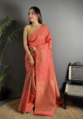 Peach Checked Silk Saree Set