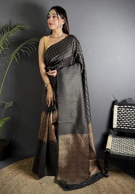Black Checked Silk Saree Set