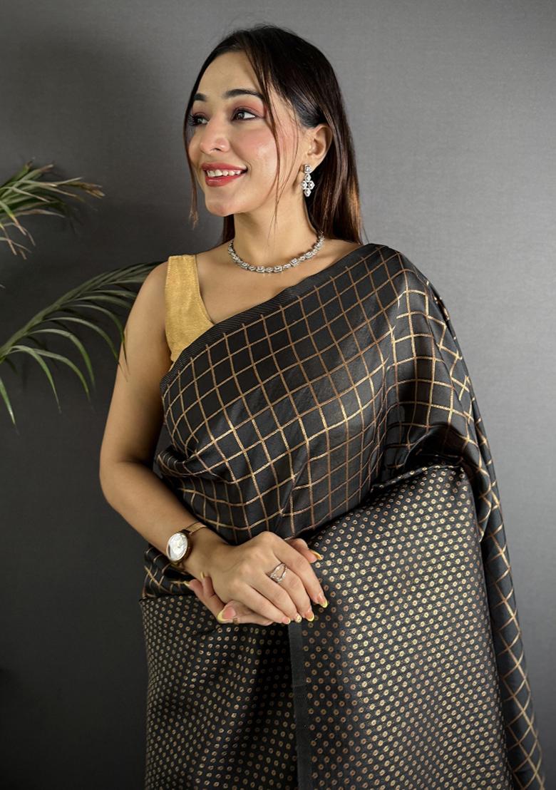 Black Checked Silk Saree Set - Indya