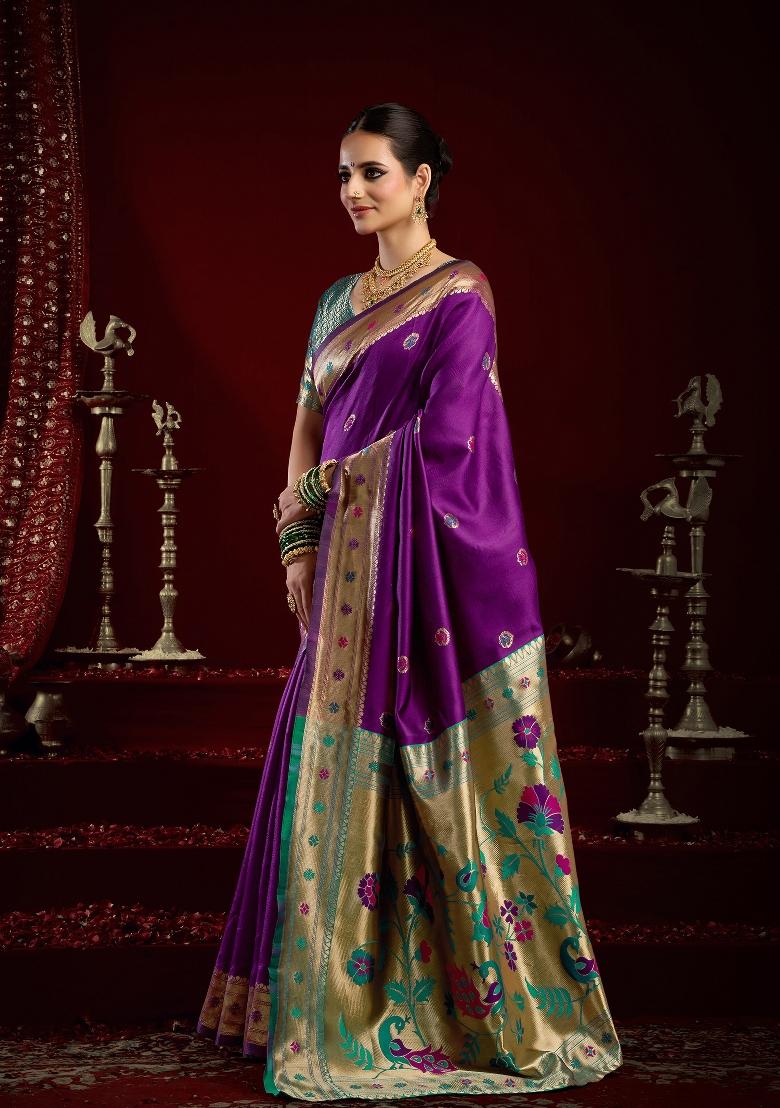 Purple Butti Silk Saree Set - Indya