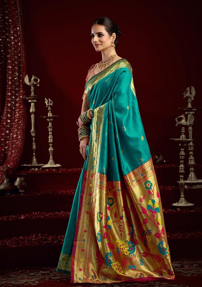 Aqua Blue Butti Silk Saree Set - Indya