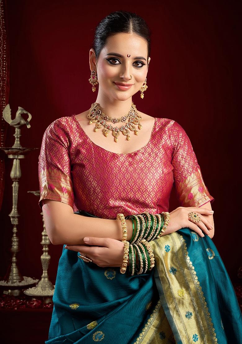 Teal Butti Silk Saree Set - Indya