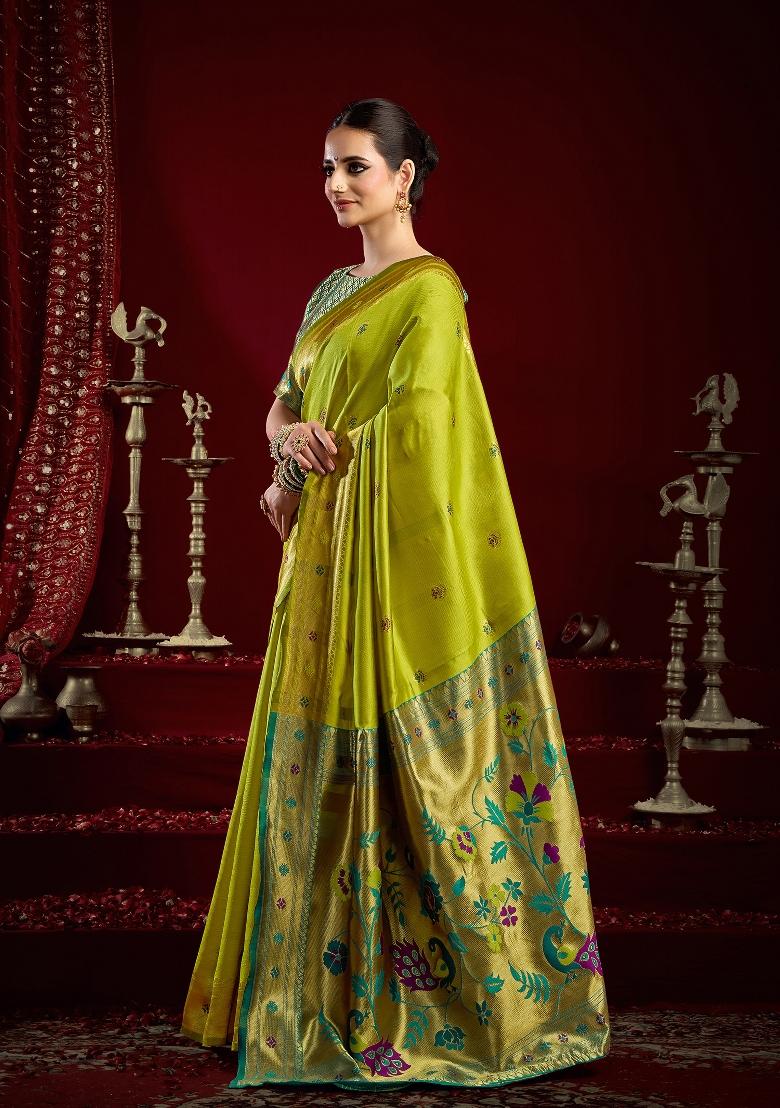 Mustard Green Butti Silk Saree Set - Indya