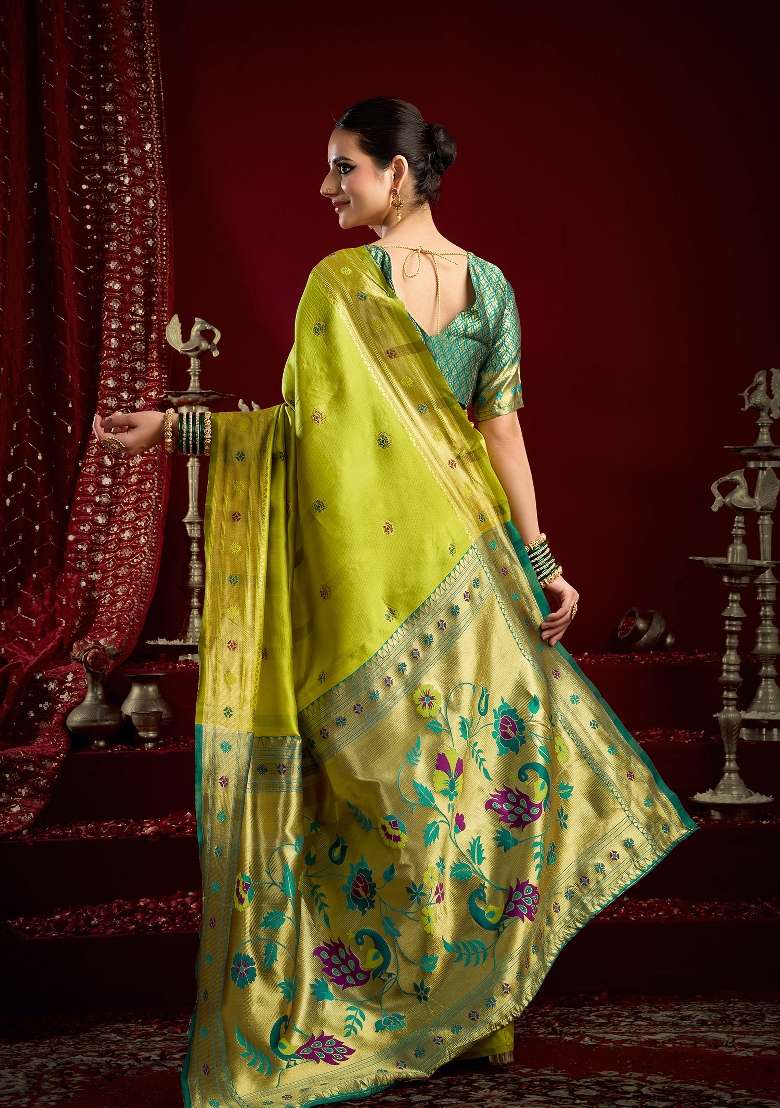 Mustard Green Butti Silk Blend Saree Set for Diwali and Festive Wear - Indya