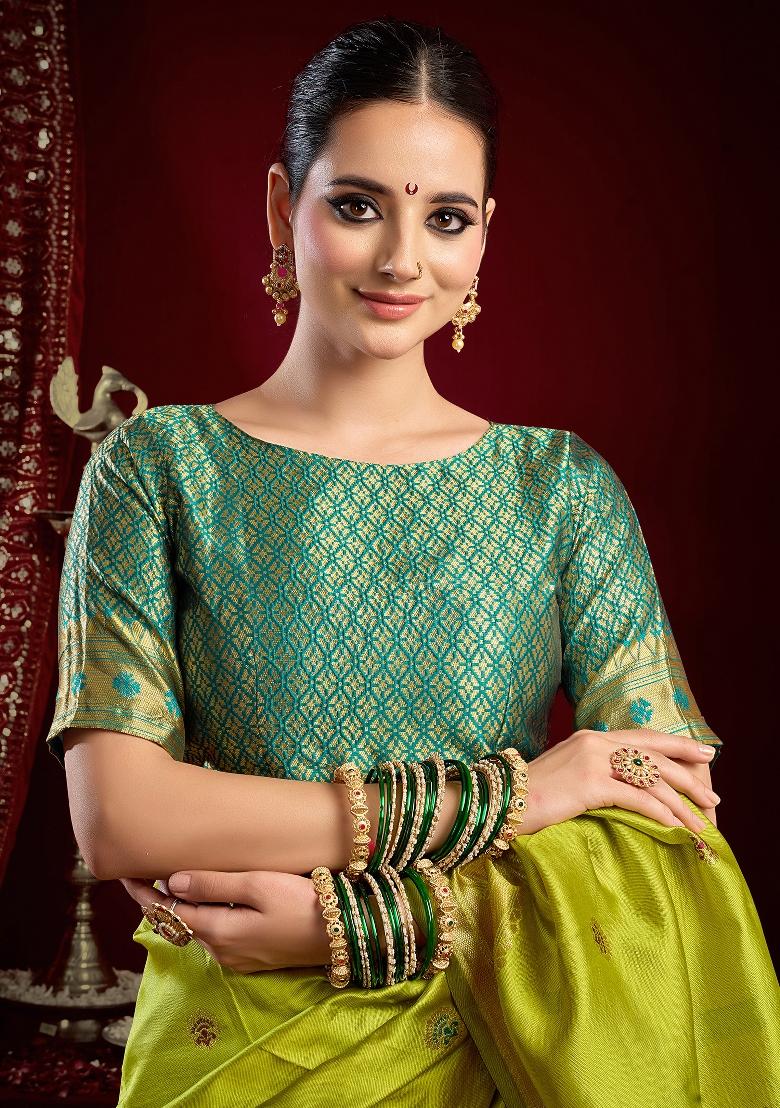Mustard Green Butti Silk Saree Set - Indya