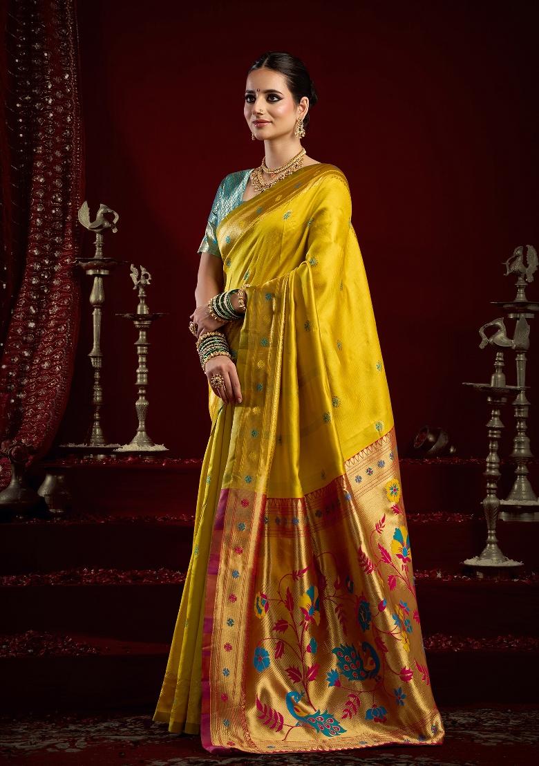 Yellow Butti Silk Saree Set - Indya