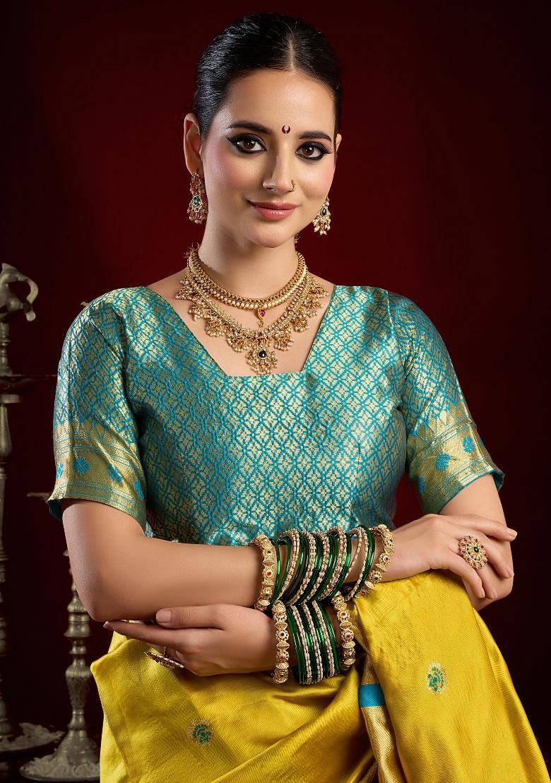 Yellow Butti Silk Saree Set - Indya