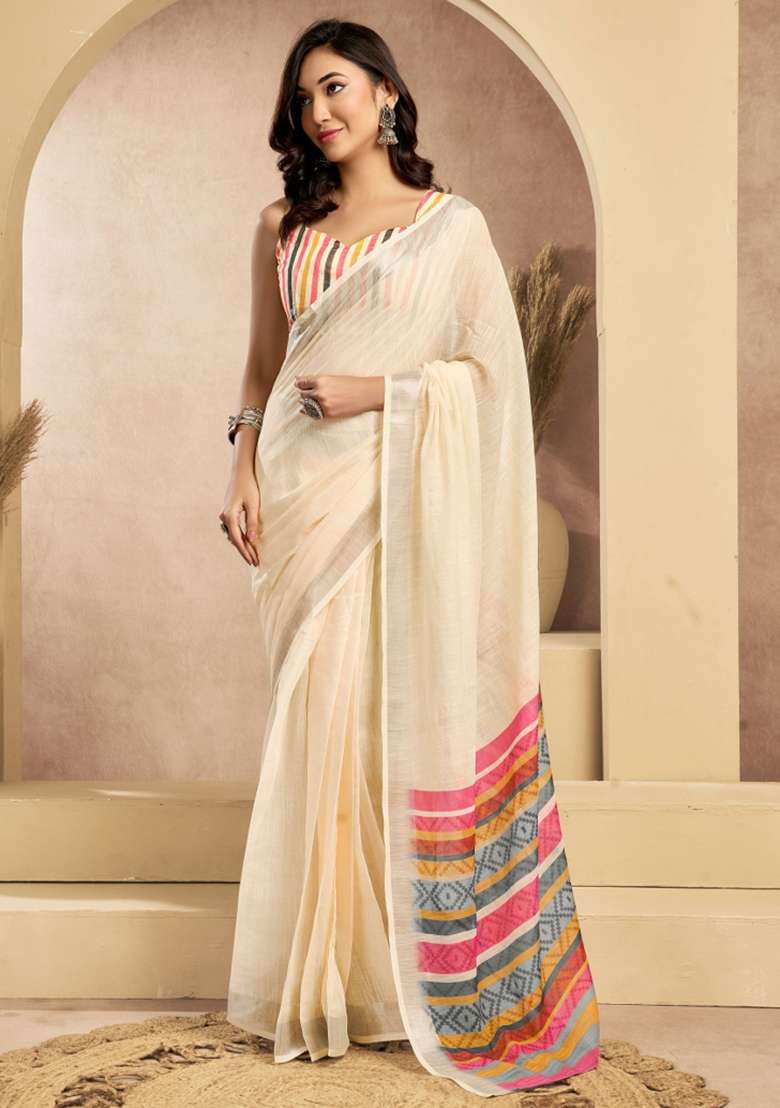 Cream Self Weaved Linen Saree Set for Diwali | Wedding & Festive Wear - Indya