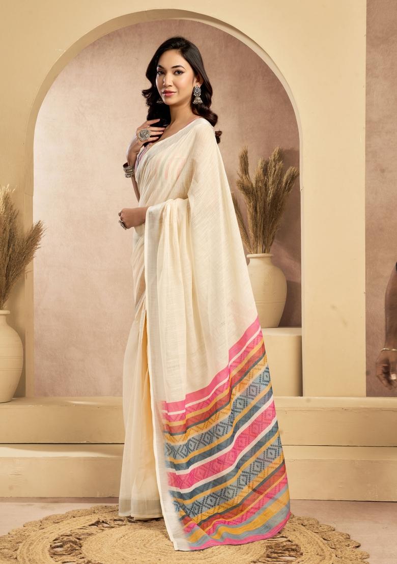 Cream Self Weaved Linen Saree Set - Indya