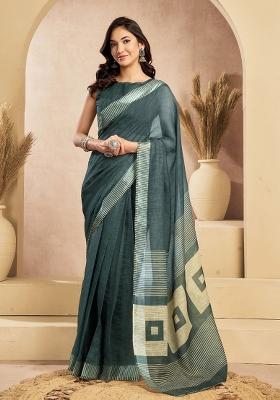 Dark Grey Self Weaved Linen Saree Set