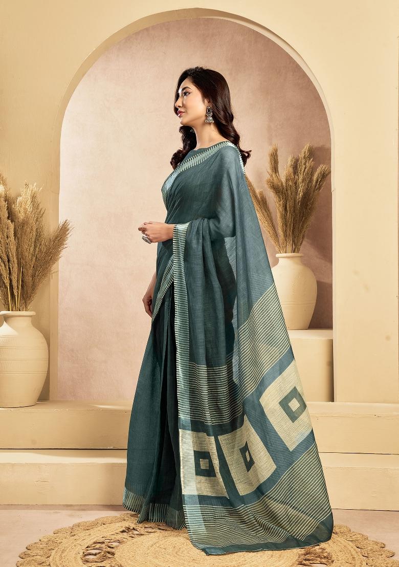 Dark Grey Self Weaved Linen Saree Set - Indya