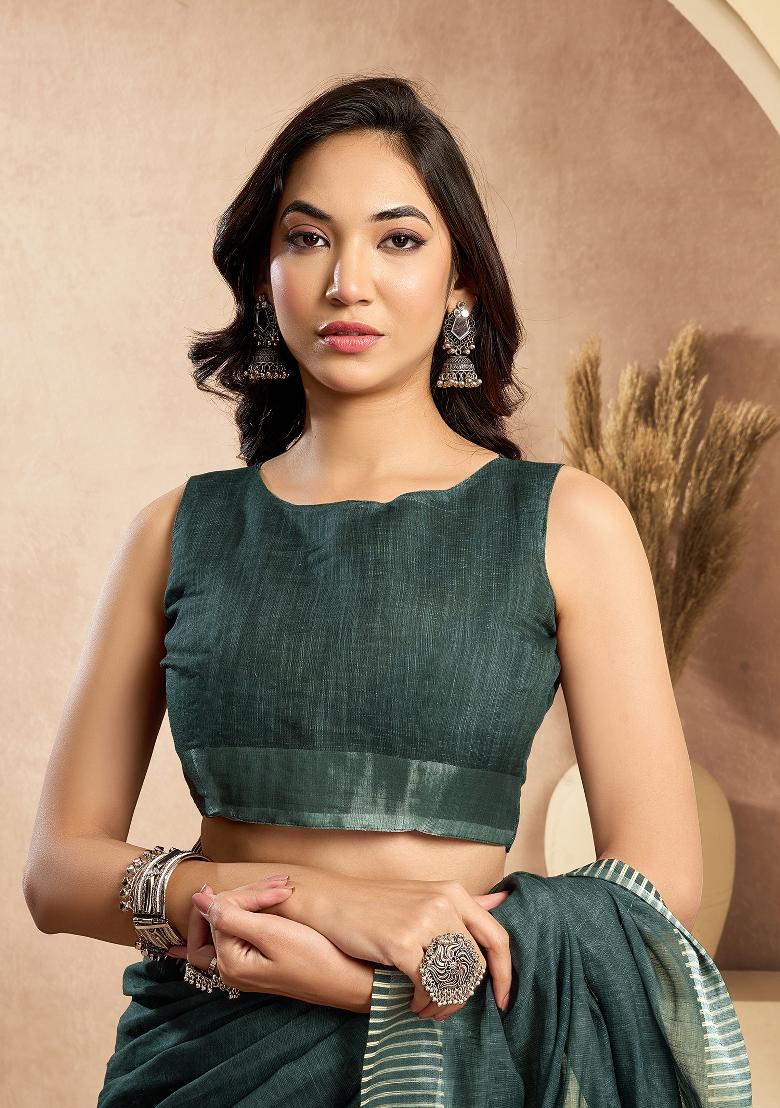 Dark Grey Self Weaved Linen Saree Set - Indya