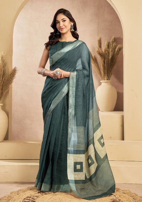 Dark Grey Self Weaved Linen Saree Set
