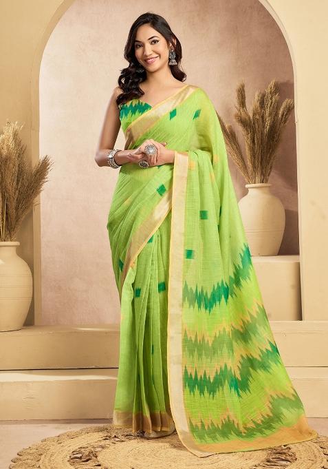 Lime Green Ikat Linen Saree Set