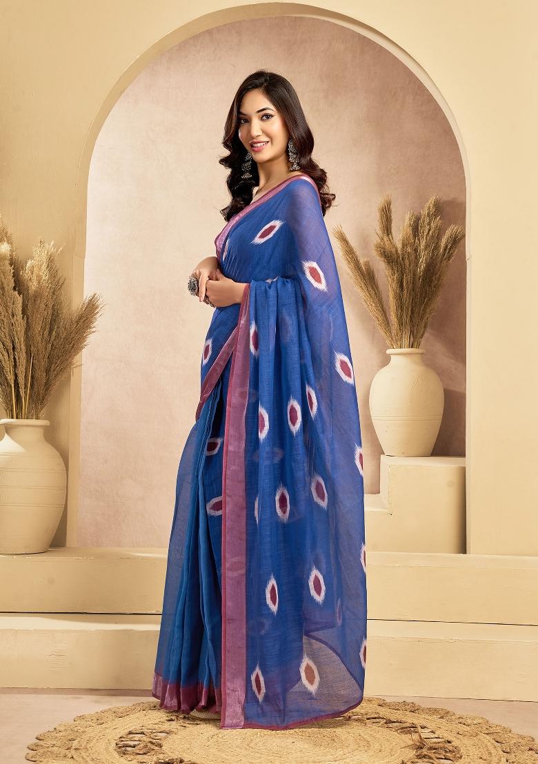 Dark Blue Motifs Abstract Linen Saree Set - Indya