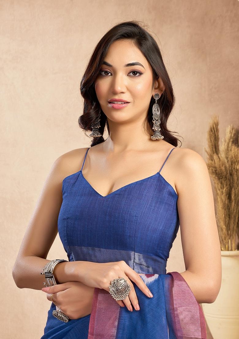 Dark Blue Motifs Abstract Linen Saree Set - Indya