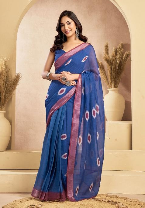 Dark Blue Motifs Abstract Linen Saree Set — view on Indya