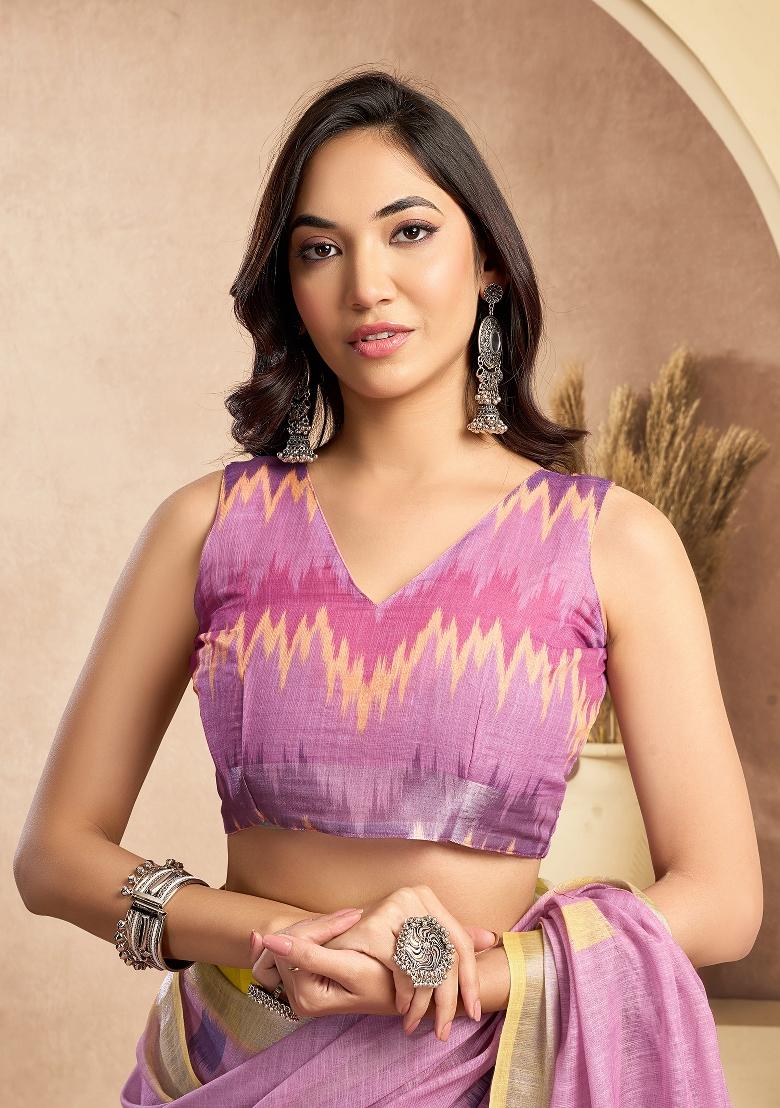 Lavender Woven Square Linen Saree Set - Indya