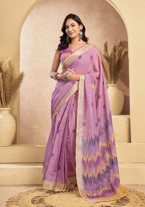 Lavender Woven Square Linen Saree Set
