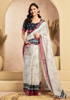 Off White Striped Linen Saree Set