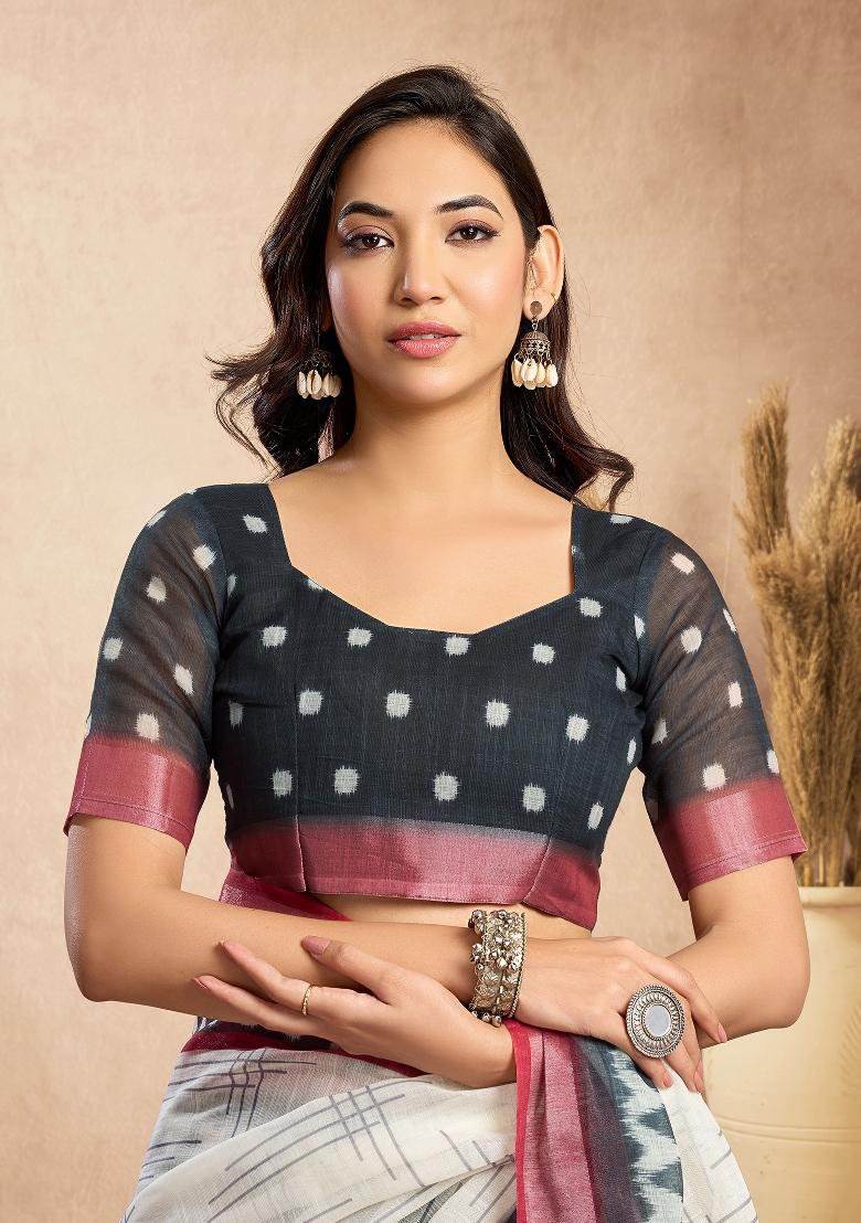 Off White Striped Linen Saree Set - Indya