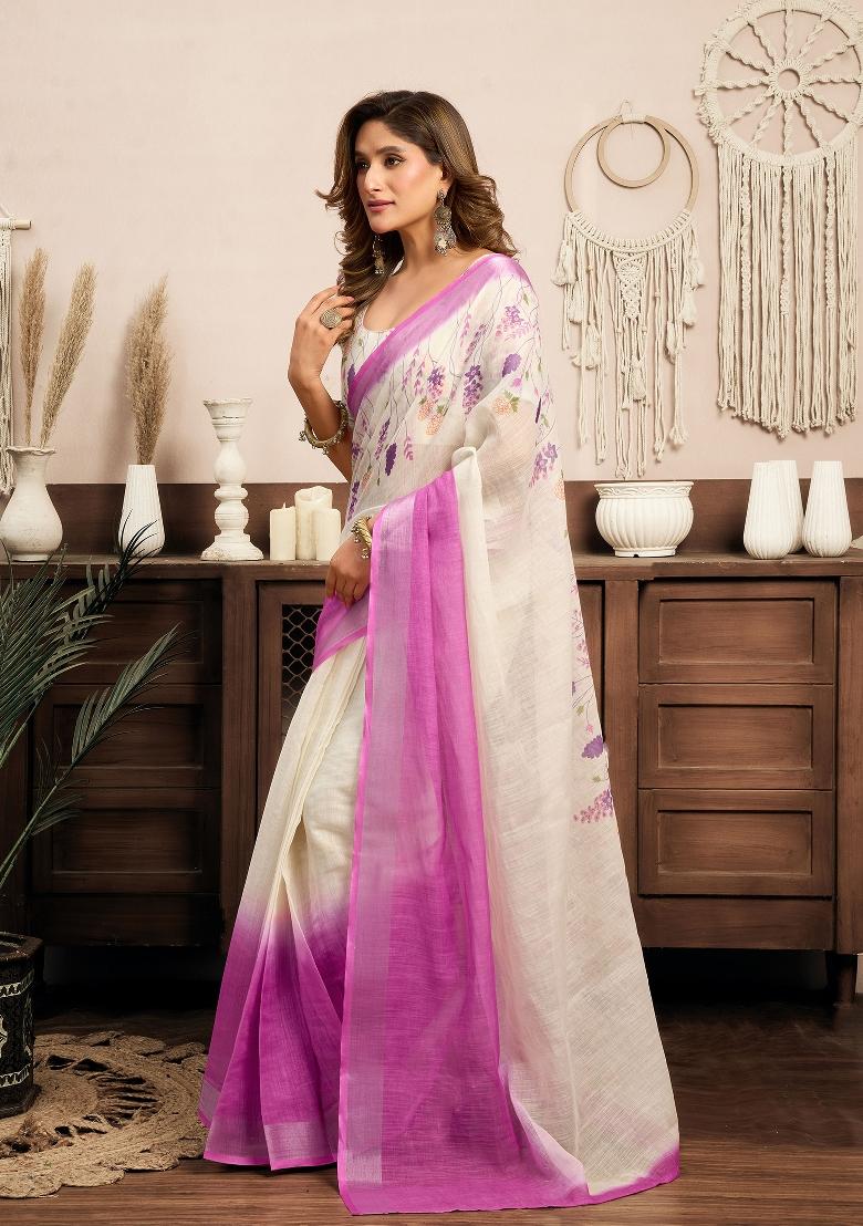 White Floral Linen Saree Set - Indya