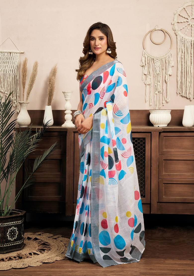 White Abstract And Geometric Linen Saree Set - Indya