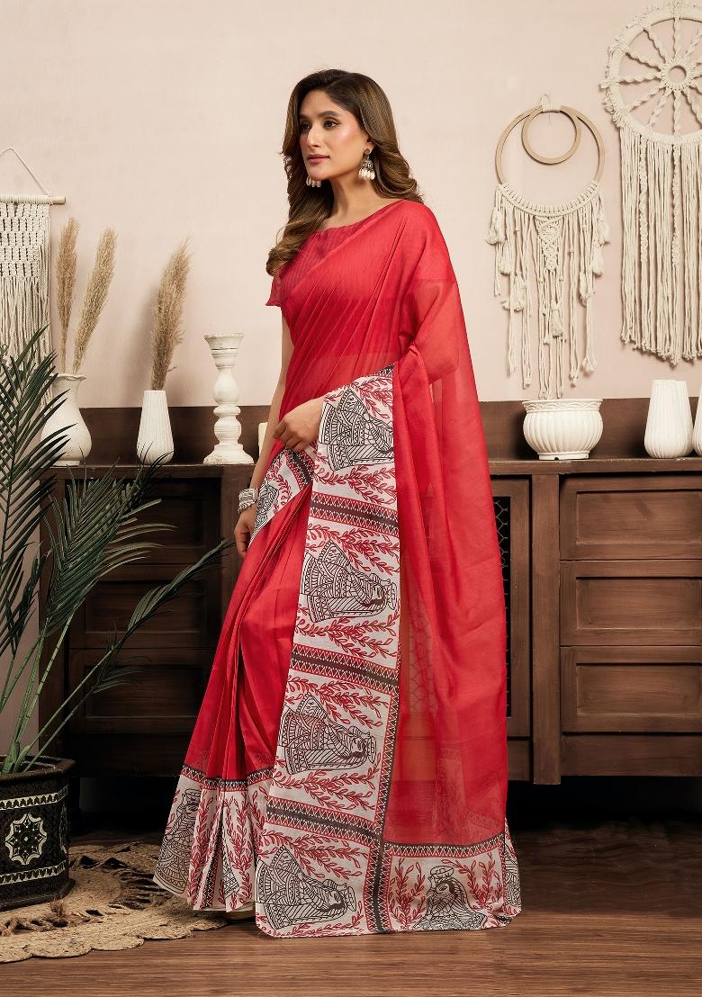 Red Plain Linen Saree Set - Indya