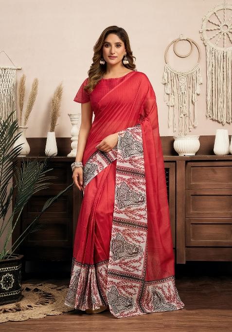 Red Plain Linen Saree Set