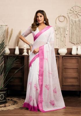 White Floral Linen Saree Set
