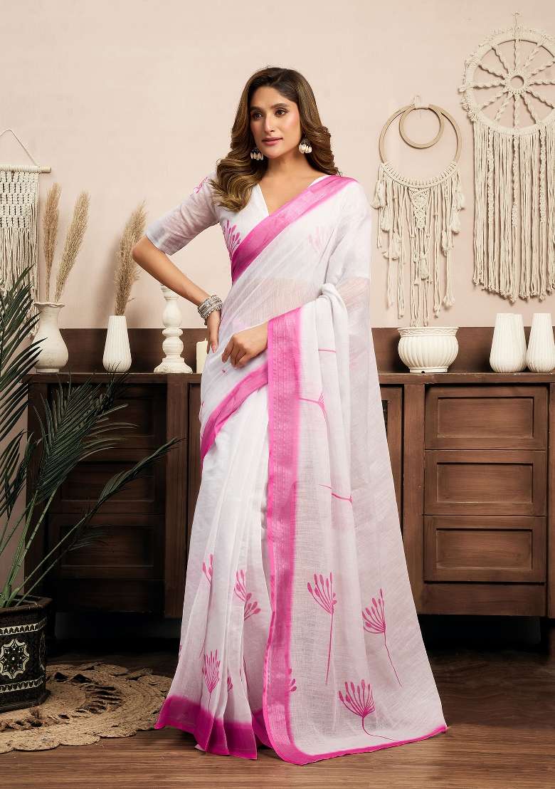 White Floral Linen Saree Set for Diwali | Wedding & Festive Wear - Indya
