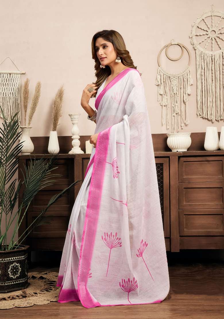 White Floral Linen Saree Set for Diwali | Wedding & Festive Wear - Indya