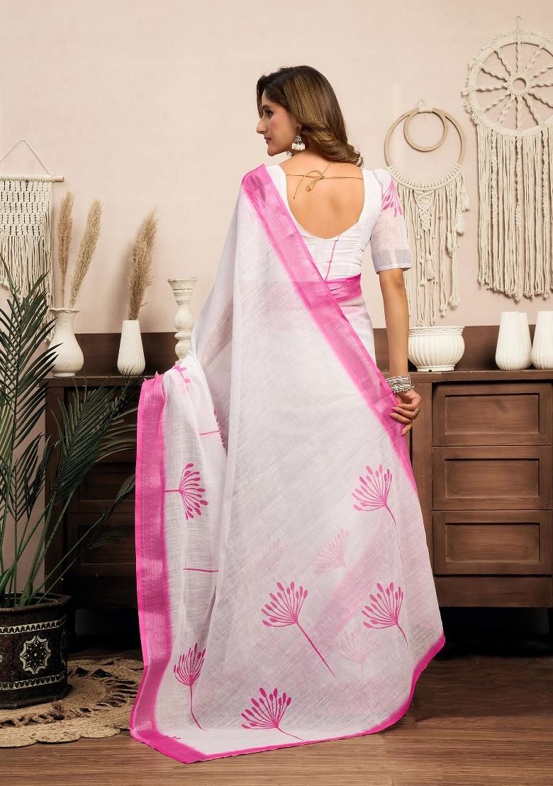 White Floral Linen Saree Set - Indya