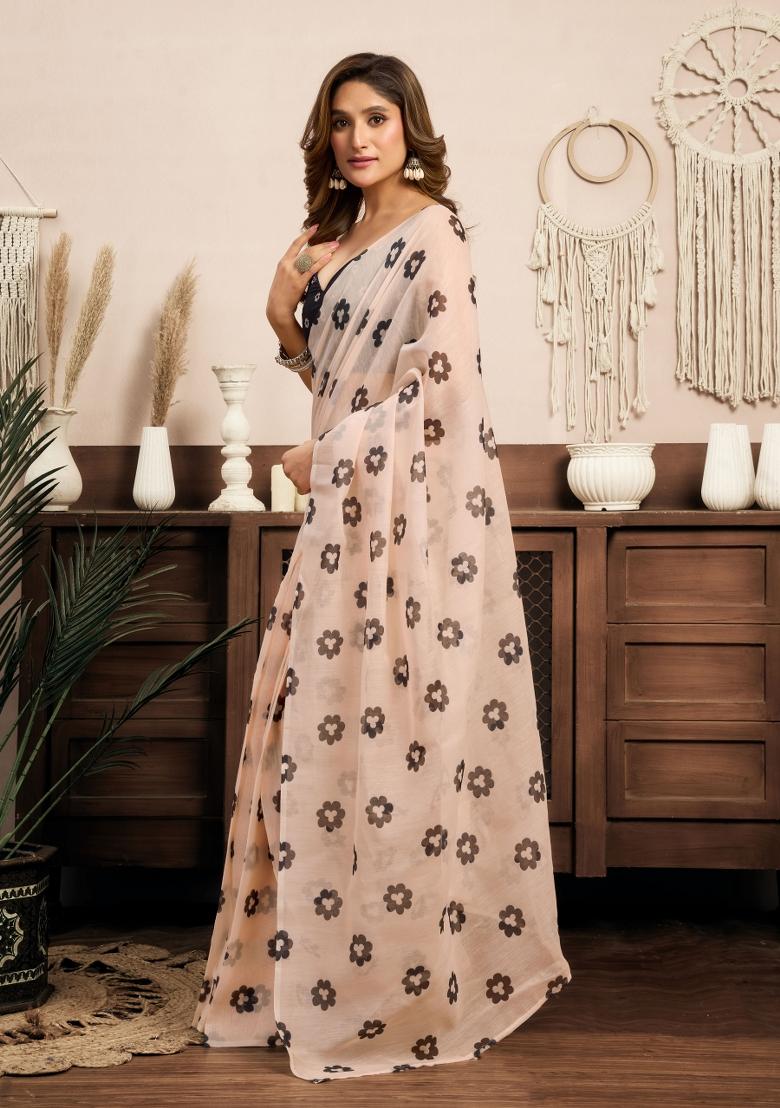 Cream Floral Linen Saree Set - Indya