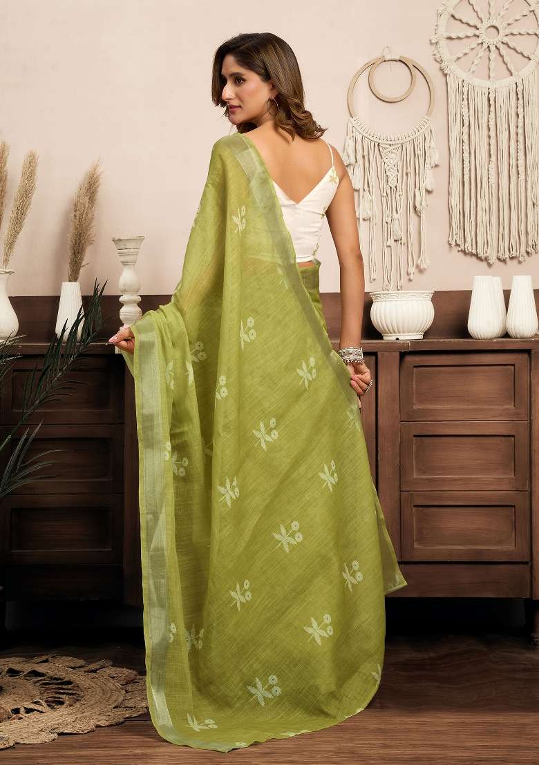 Light Olive Motifs Linen Saree Set for Diwali | Wedding & Festive Wear - Indya