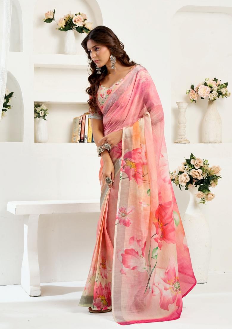 Peach Floral Linen Saree Set - Indya