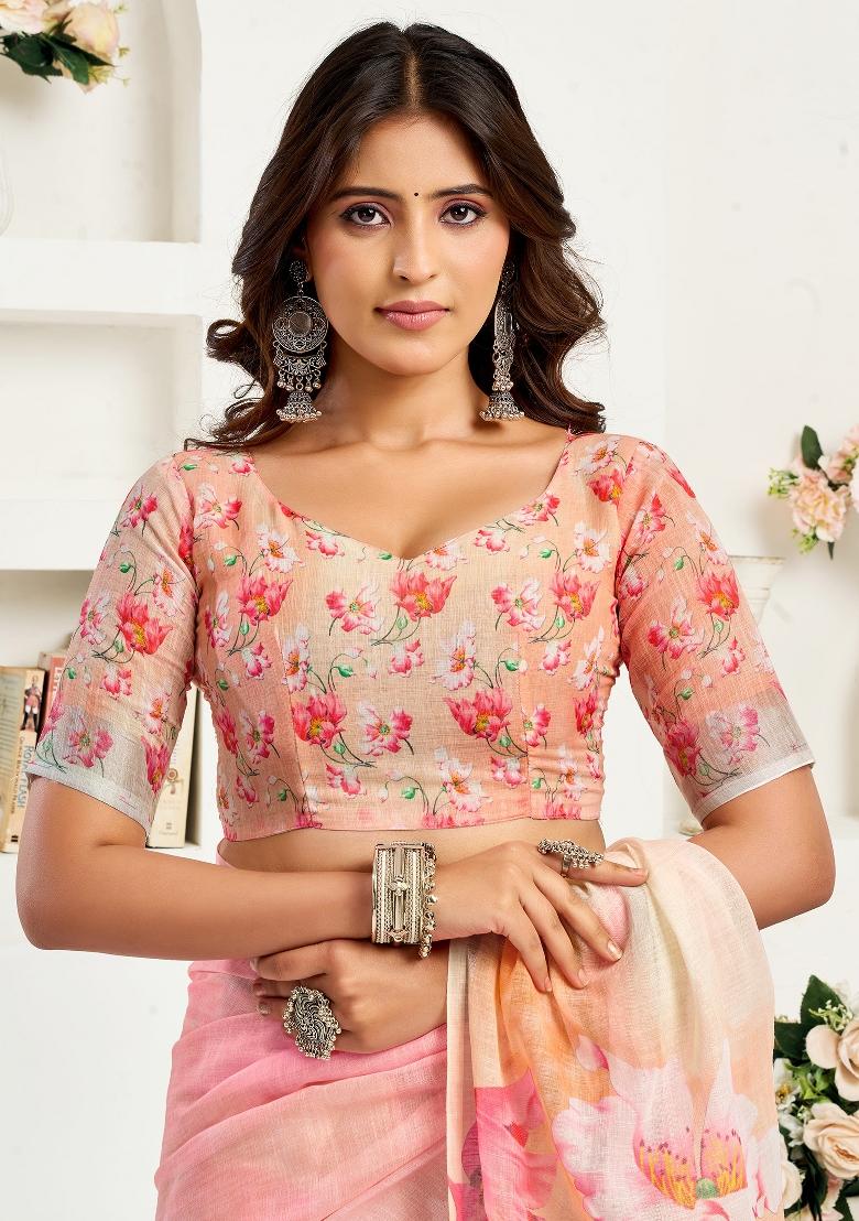 Peach Floral Linen Saree Set - Indya