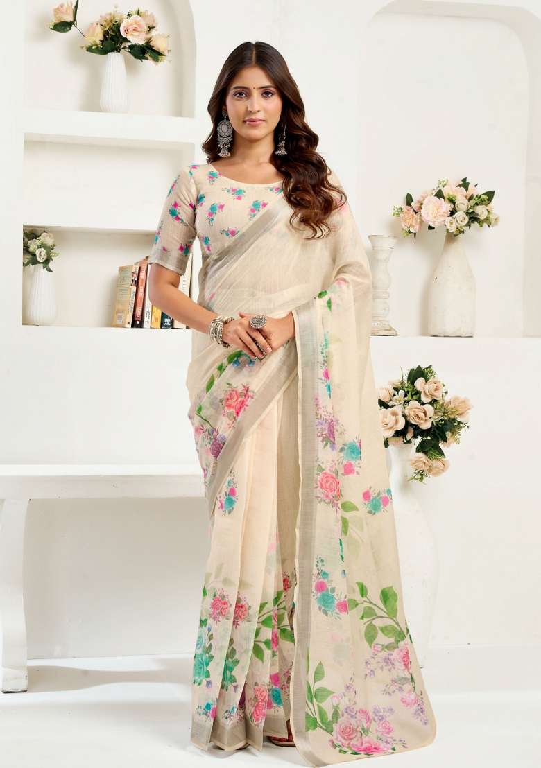 Off White Floral Linen Saree Set for Diwali | Wedding & Festive Wear - Indya
