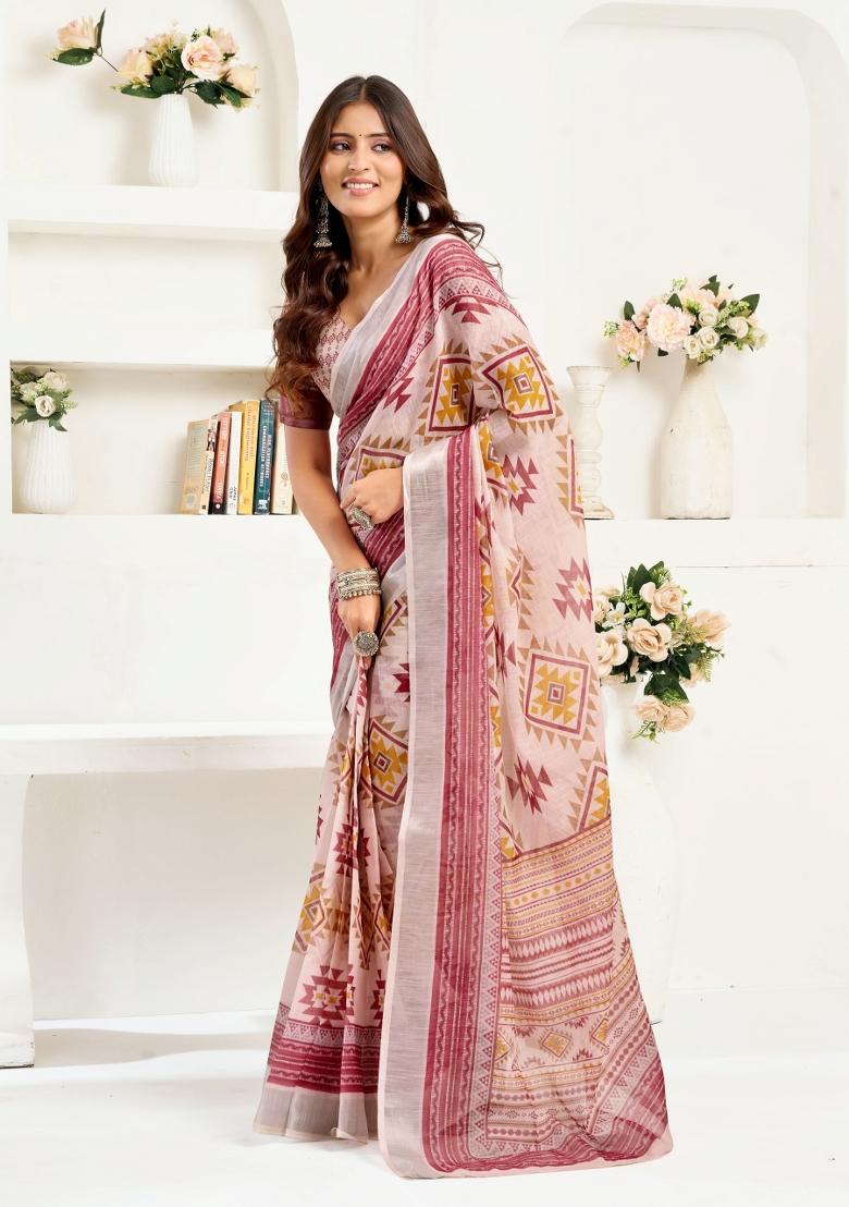 Light Pink Ikat Geomatric Linen Saree Set - Indya