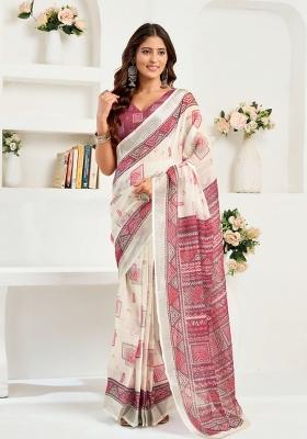 Off White Geomatric Linen Saree Set