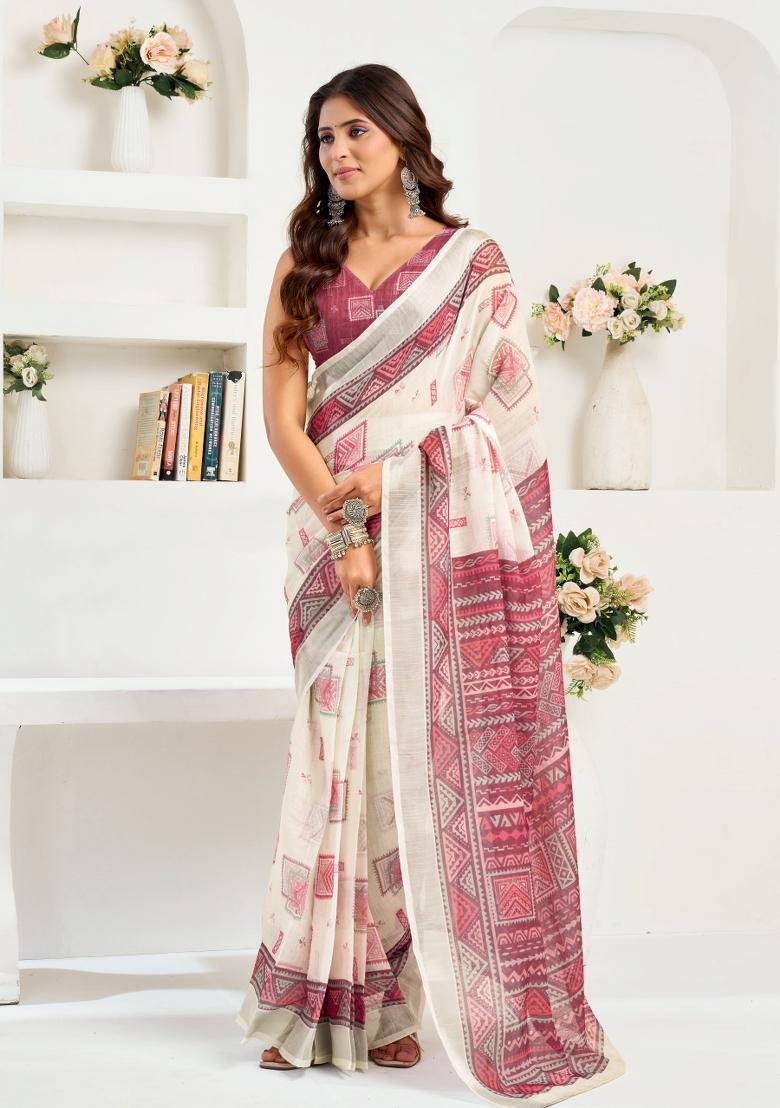 Off White Geomatric Linen Saree Set - Indya