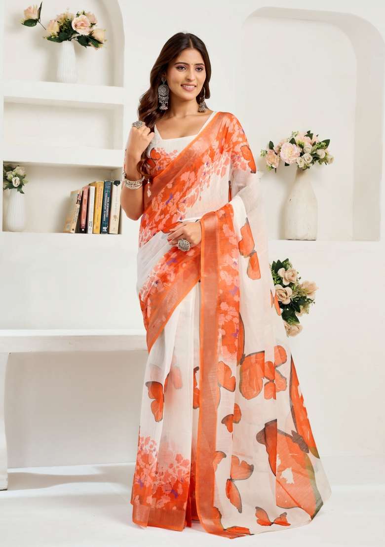 White And Orange Butterfly Motifs Linen Saree Set for Diwali and Festive Wear - Indya