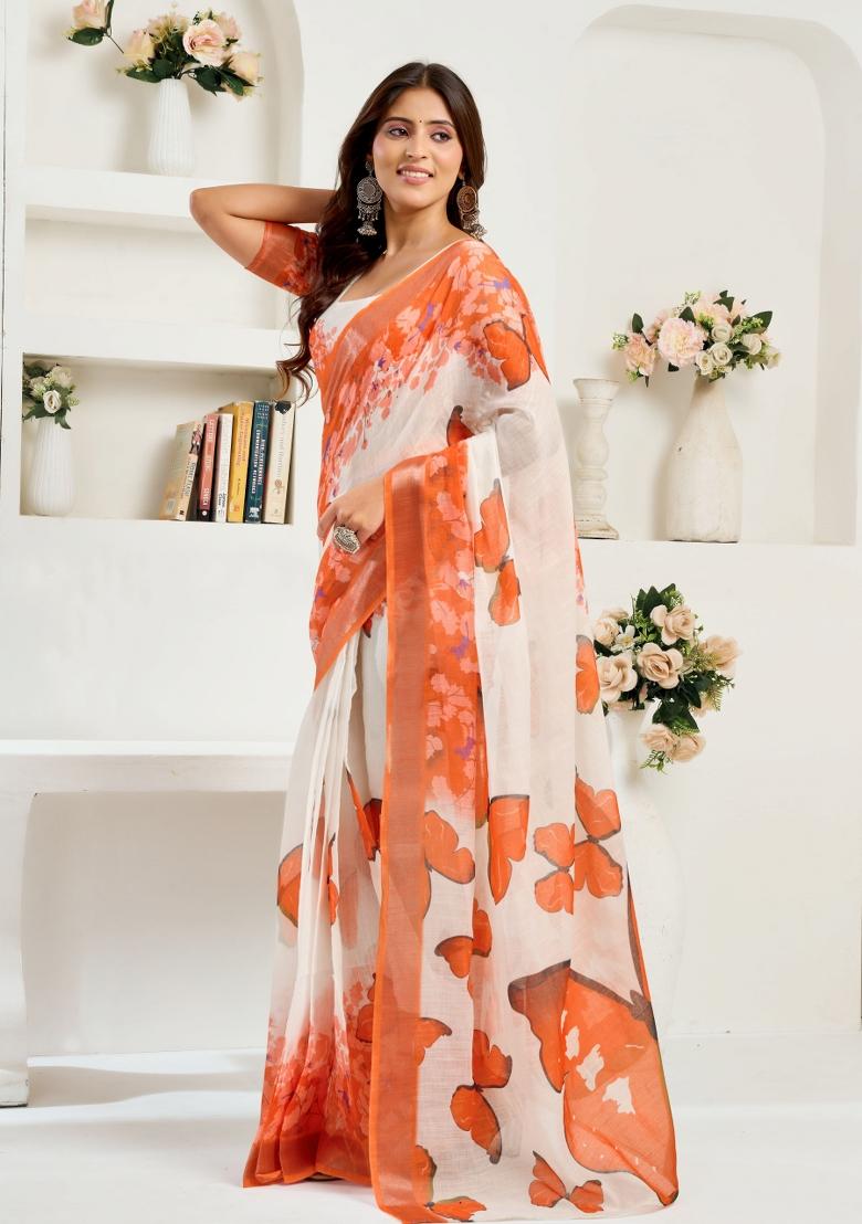 White And Orange Butterfly Motifs Linen Saree Set - Indya