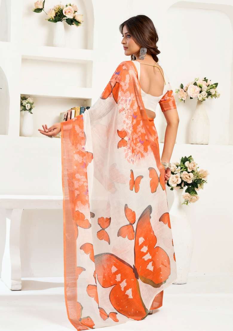 White And Orange Butterfly Motifs Linen Saree Set for Diwali and Festive Wear - Indya