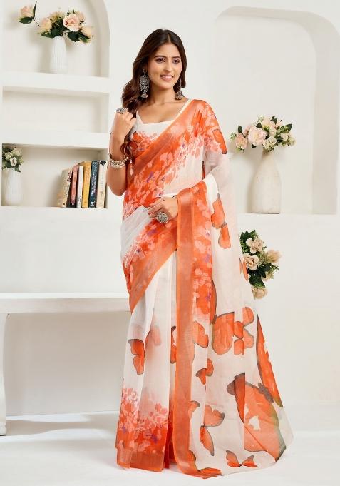 White And Orange Butterfly Motifs Linen Saree Set