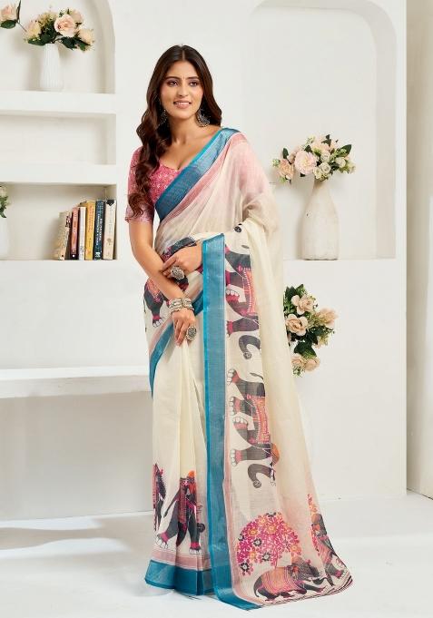 Off White Elephant Motifs Linen Saree Set